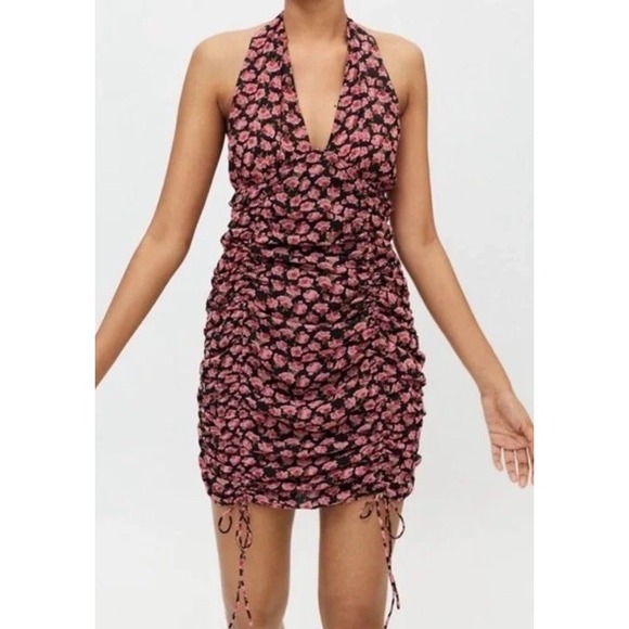 Kiss The Sky Rose Print Halter Dress Ruched Bodycon Mini Size‎ Large - Picture 1 of 10